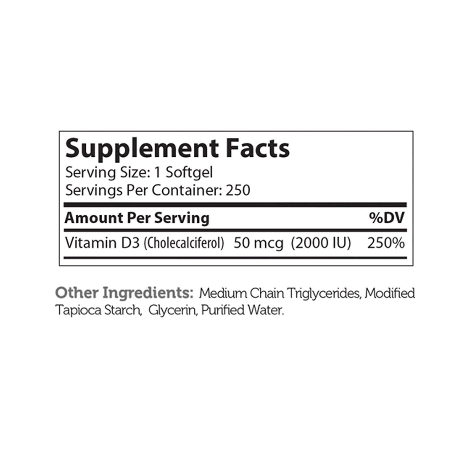 Vitamin D3 2000 IU - 250 Softgels (250 Servings)